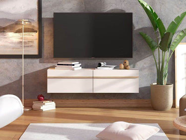 Seura Cashmere and Oak Effect Wall-Mounted Floating Wide Large TV Unit - UK Luxury Furniture